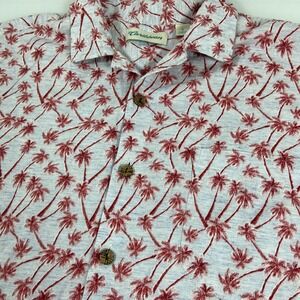 Caribbean Men L Blue Red Palm Tree Hawaiian Knit Button Up Shirt Tropical Pocket